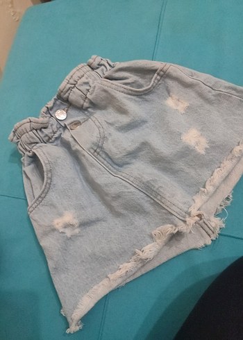 Düğmeli Bağcıklı Mavi Denim Kız Eteği - Görsel 5