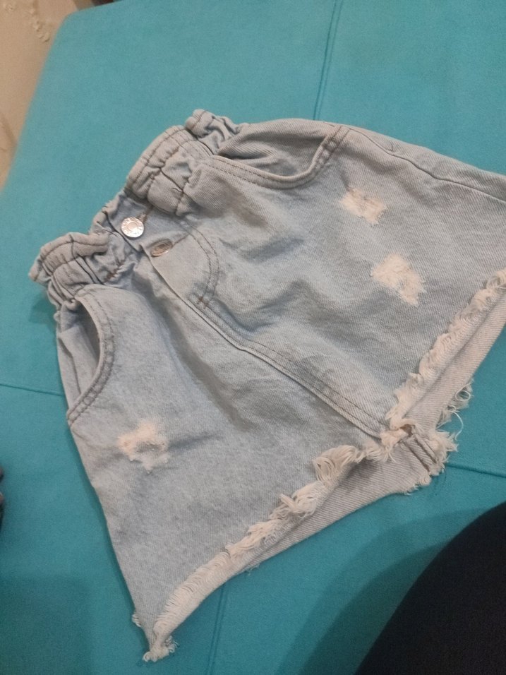 Düğmeli Bağcıklı Mavi Denim Kız Eteği - Görsel 5