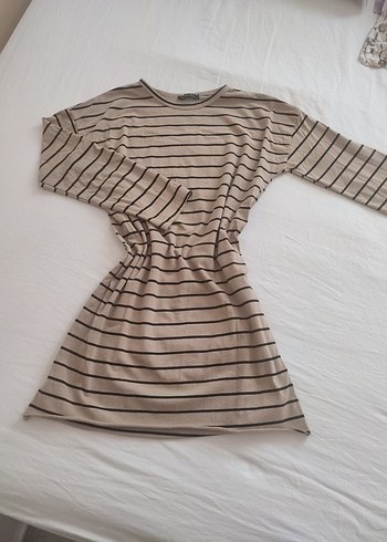 Bej Çizgili Triko Elbise - Görsel 2