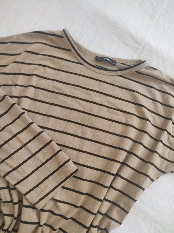 Bej Çizgili Triko Elbise - Görsel 3