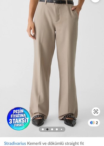Stradivarius Bej Deri Kemerli Straight Fit Kadın Pantolon - Görsel 2