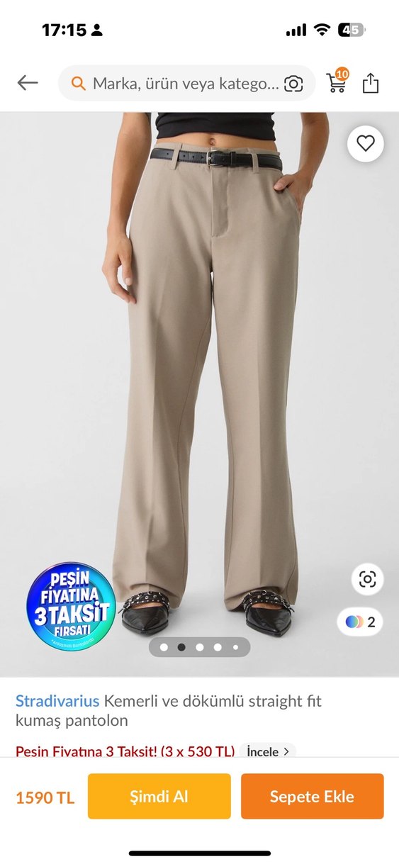 Stradivarius Bej Deri Kemerli Straight Fit Kadın Pantolon - Görsel 2