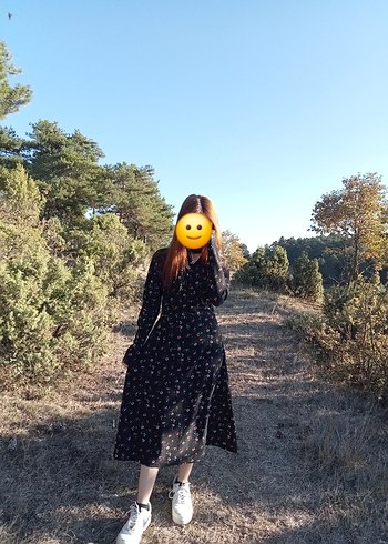 Siyah Desenli Uzun Kollu Elbise - Görsel 2