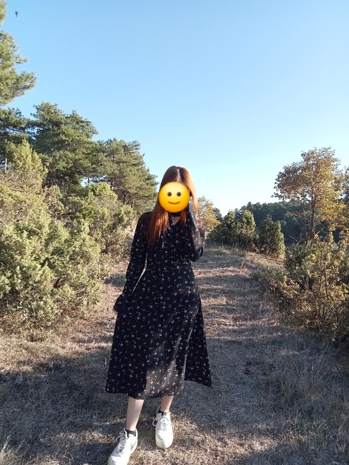 Siyah Desenli Uzun Kollu Elbise - Görsel 2