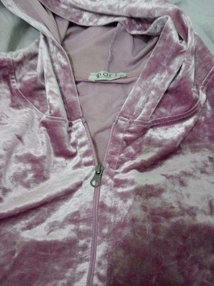 Kadın Pembe Kadife Kapüşonlu Sweatshirt - Görsel 2