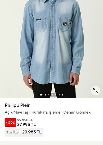 Philipp Plein Açık Mavi Taşlı Kurukafa İşlemeli Denim Gömlek - Görsel 10