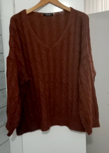 Kahverengi V Yakalı Örgü Kadın Kazak - Görsel 6