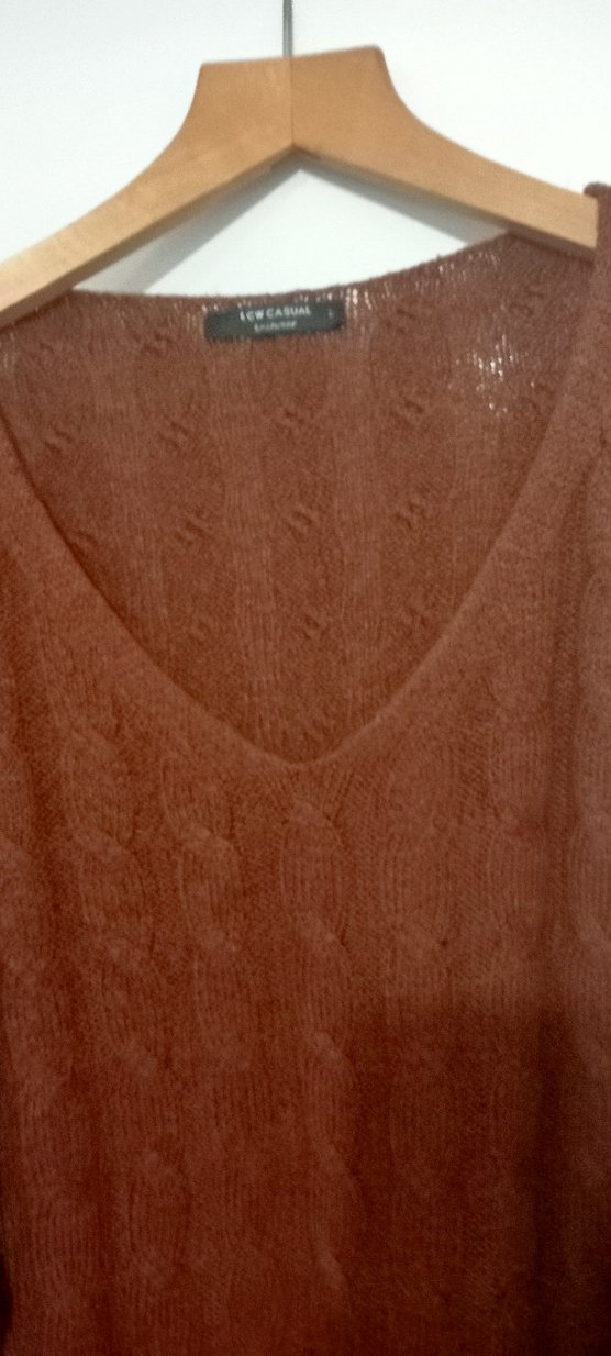 Kahverengi V Yakalı Örgü Kadın Kazak - Görsel 3