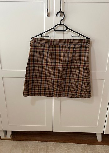 H&M Kahverengi Ekose Kemerli Mini Etek