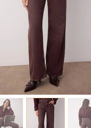 Kadın bordo Regular Fit Midi Denim Pantolon - Görsel 3