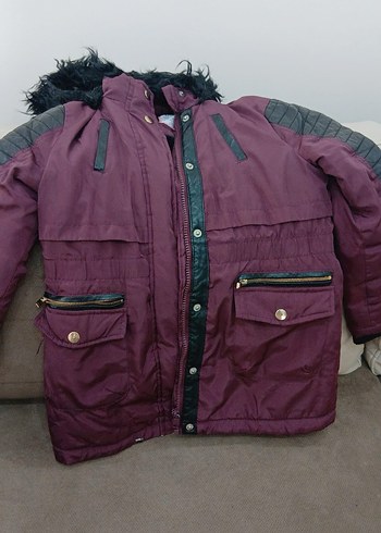 Bordo Kürklü Kapüşonlu Çocuk Mont - Görsel 4