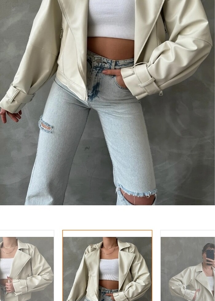 Suni Deri Ceket Bej rengi S beden - Görsel 2