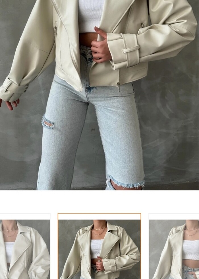 Suni Deri Ceket Bej rengi S beden - Görsel 3