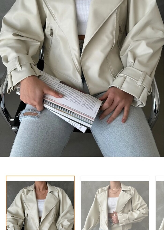 Suni Deri Ceket Bej rengi S beden - Görsel 5