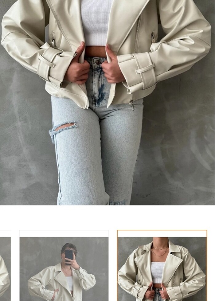 Suni Deri Ceket Bej rengi S beden - Görsel 4