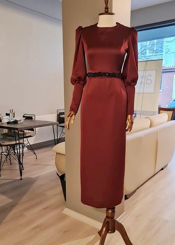m Beden bordo Renk Bordo Uzun Kol Drapeli Kadın Abiye Elbise