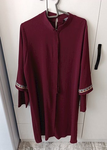 Bordo Bohem Nakışlı Püsküllü Uzun Tunik