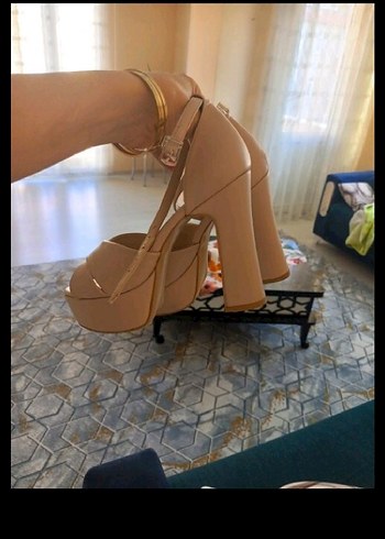 Bej Tokalı Kadın Blok Topuklu Stiletto - Görsel 2