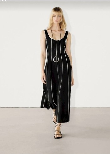 Massimo Dutti Siyah Biyeli Yüzde 100 Keten Uzun Elbise