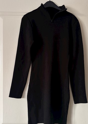 Siyah Yüksek Yakalı Kadın Triko Elbise - Görsel 2