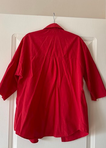 Kırmızı Keten Düğmeli Kadın Gömlek - Görsel 4