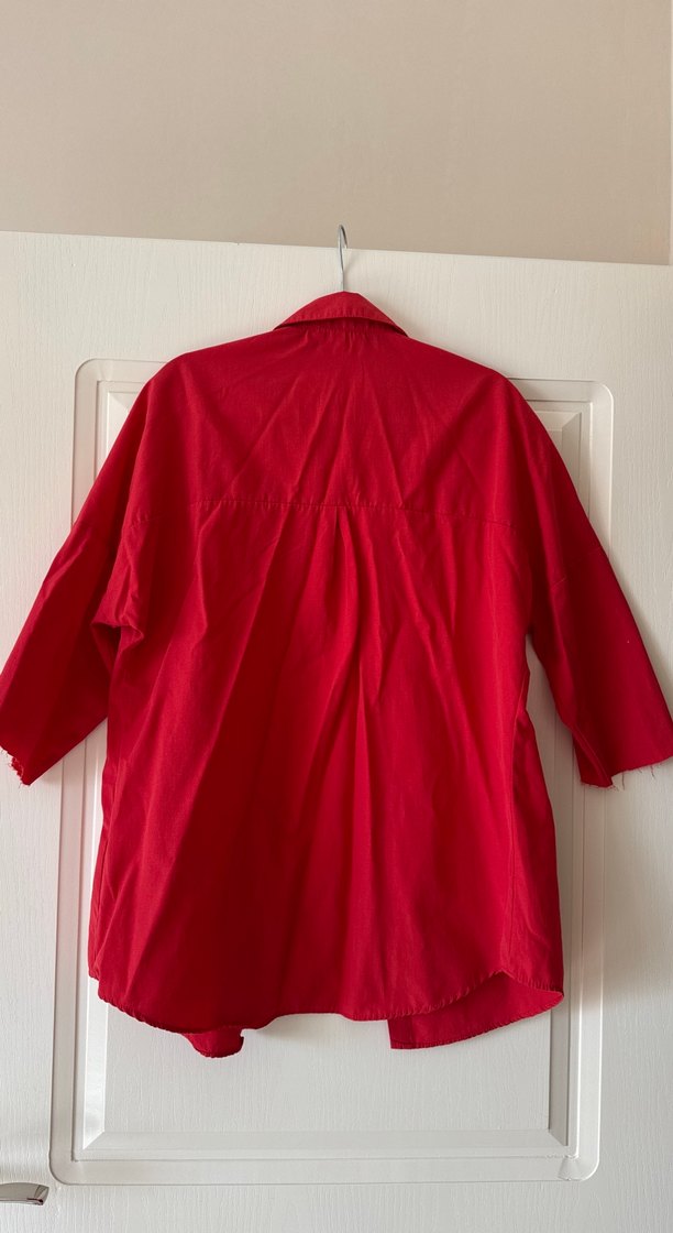 Kırmızı Keten Düğmeli Kadın Gömlek - Görsel 4