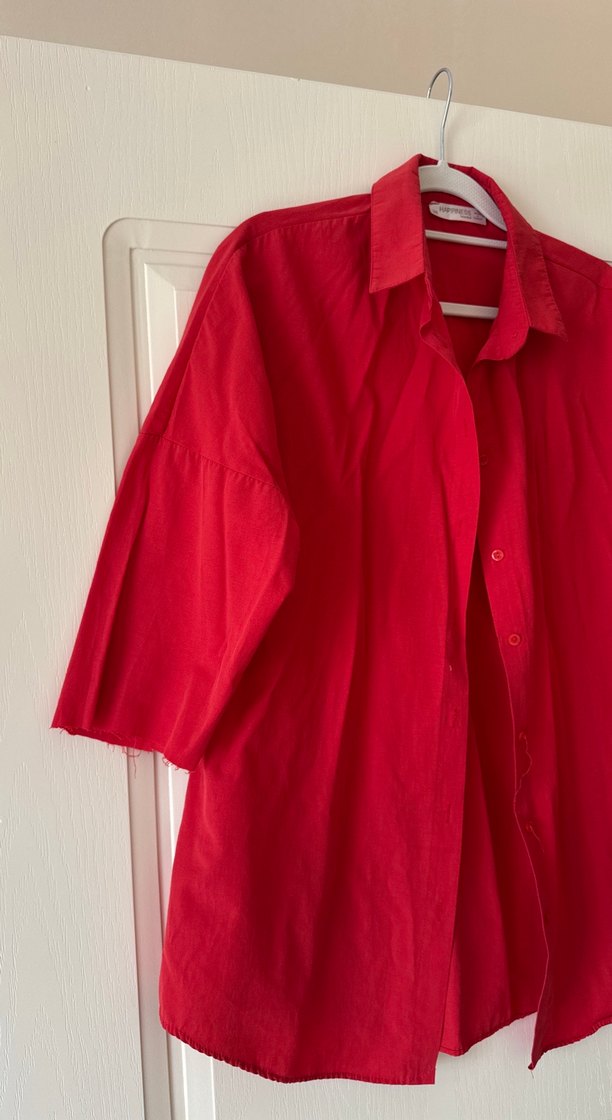 Kırmızı Keten Düğmeli Kadın Gömlek - Görsel 2