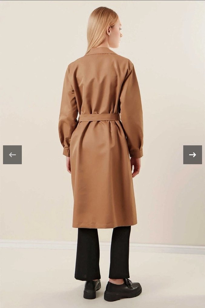Bej Kadın Uzun  Kemerli Trençkot - Görsel 2