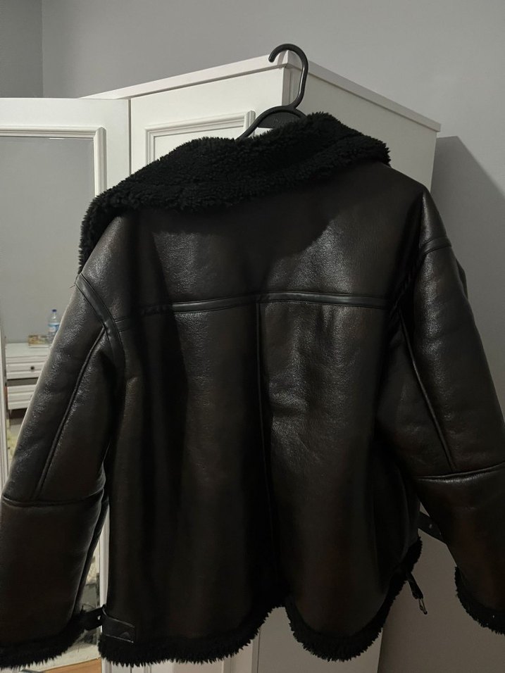 Siyah Kürklü Deri Biker Ceket - Görsel 2