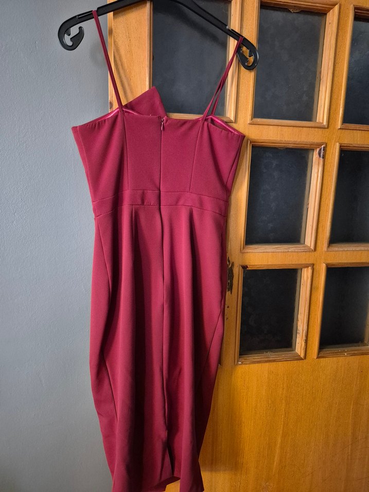 Bordo Drapeli Askılı Midi Abiye Elbise - Görsel 2