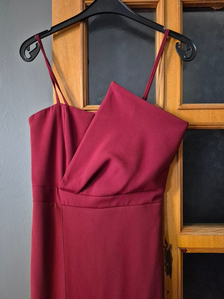 Bordo Drapeli Askılı Midi Abiye Elbise - Görsel 3