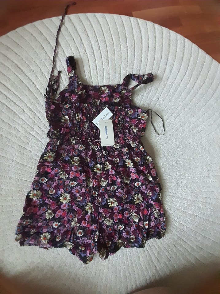 Mor Çiçek Desenli mini şortlu tulum - Görsel 3