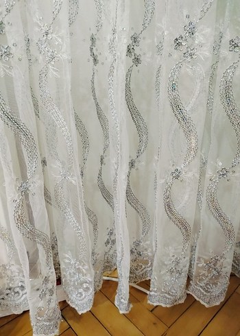 Nakışlı Beyaz Gri Tül Perde - Görsel 5