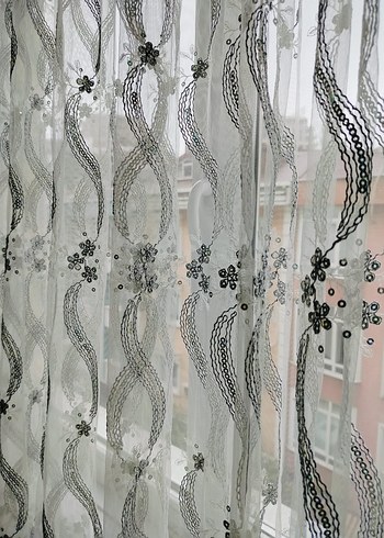 Nakışlı Beyaz Gri Tül Perde - Görsel 3