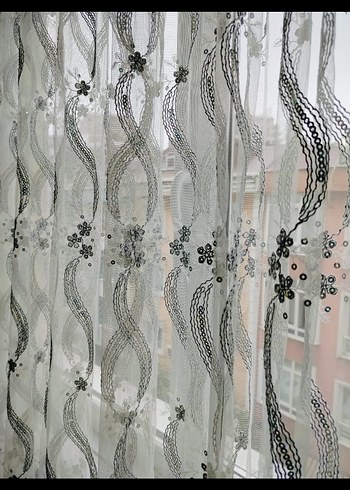 Nakışlı Beyaz Gri Tül Perde - Görsel 12