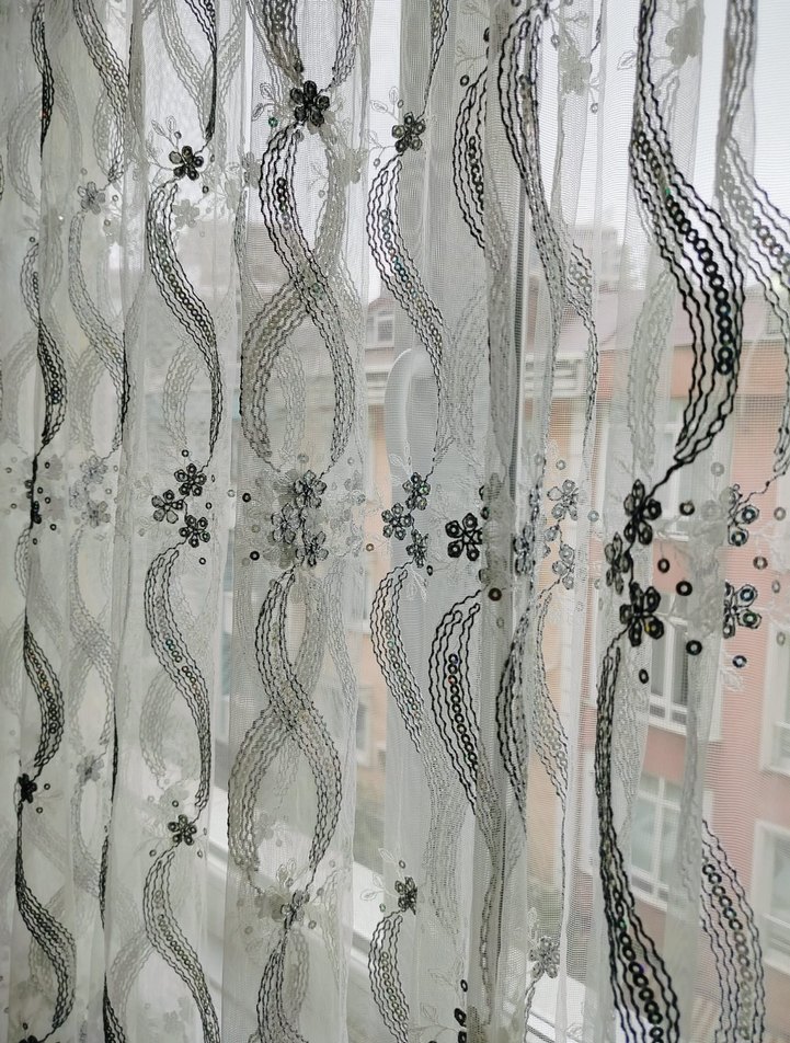 Nakışlı Beyaz Gri Tül Perde - Görsel 3
