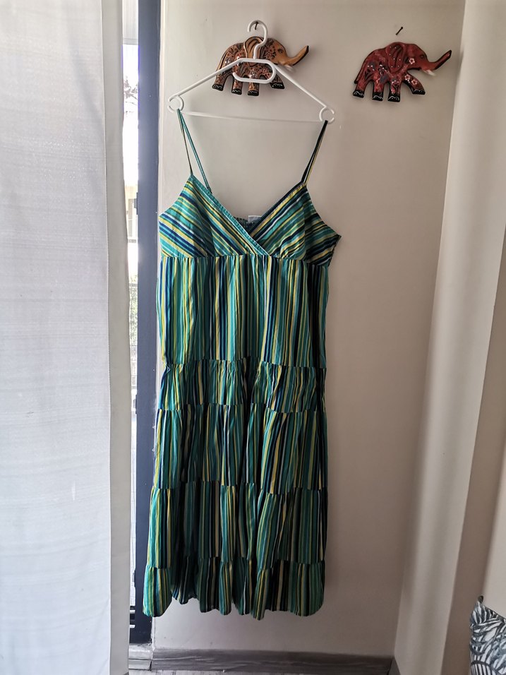 Çizgili, Askılı, Uzun, Kadın Elbise - Görsel 3