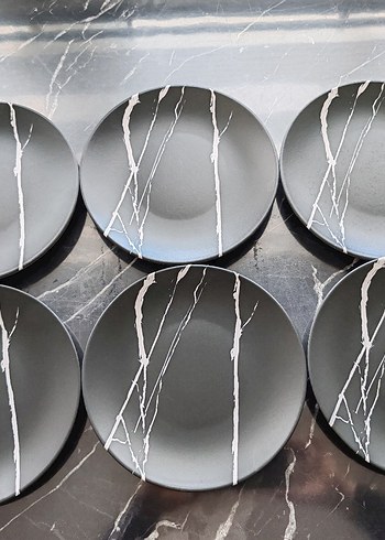 Siyah Gri Mermer Desenli Pasta Tabağı 6'lı - Görsel 7