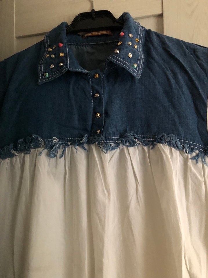 Düğmeli Beyaz Denim Hamile Tunik - Görsel 2