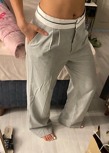Gri Keten Kadın Kumaş Pantolon - Görsel 4