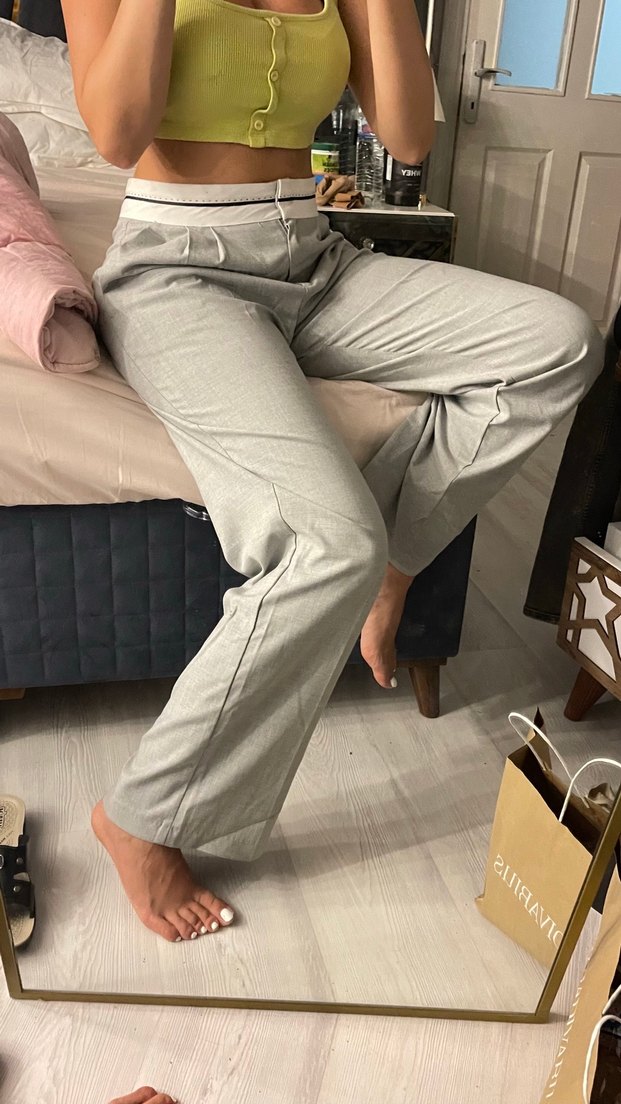 Gri Keten Kadın Kumaş Pantolon - Görsel 5
