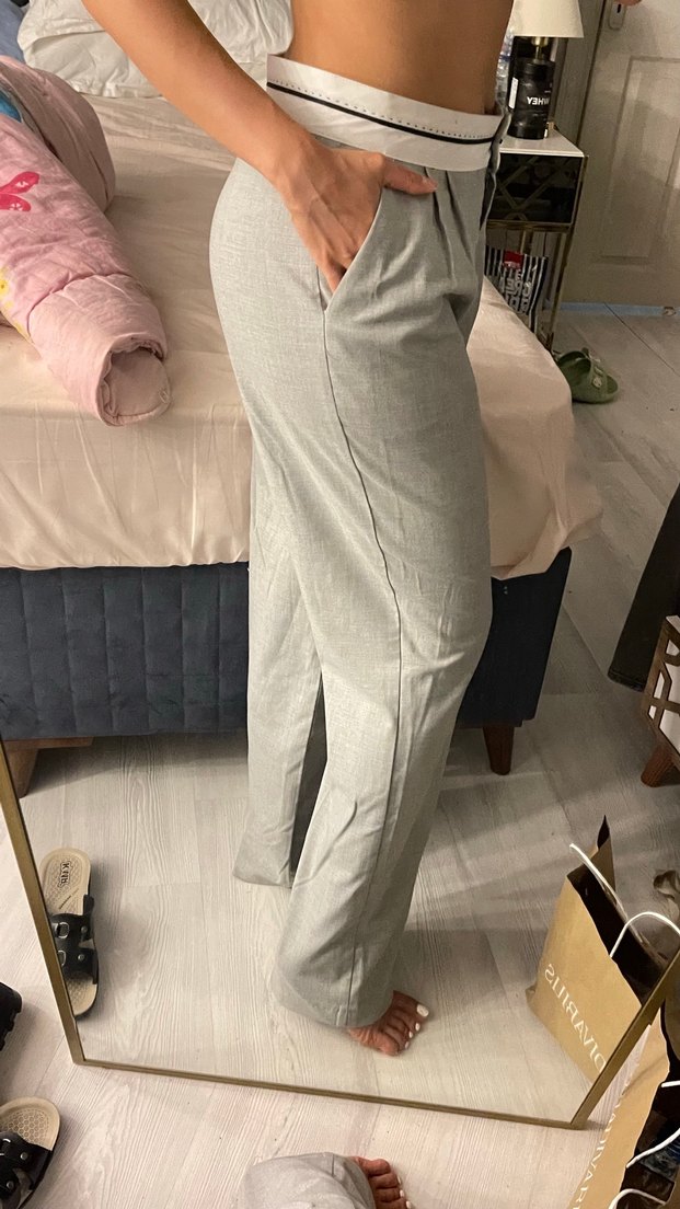 Gri Keten Kadın Kumaş Pantolon - Görsel 2