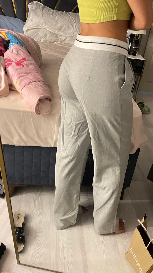 Gri Keten Kadın Kumaş Pantolon - Görsel 3