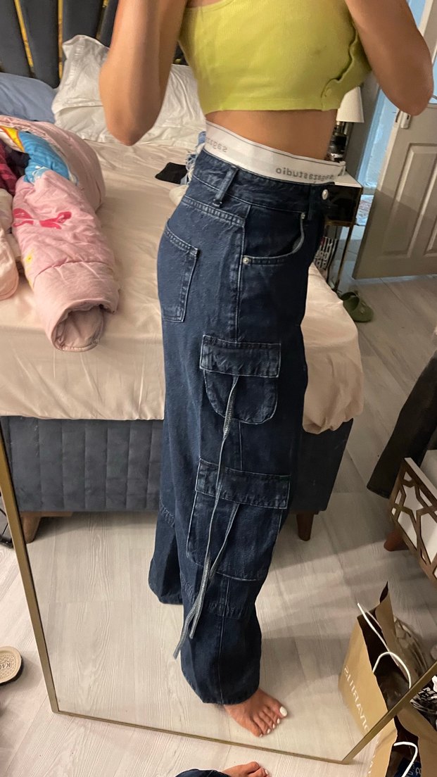 Kadın Lacivert Bol Kesim Kargo Kot Pantolon - Görsel 3