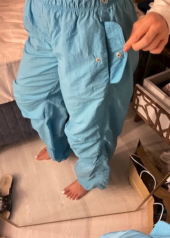 Mavi Bol Kesim Keten Kumaş Kadın Pantolon - Görsel 3