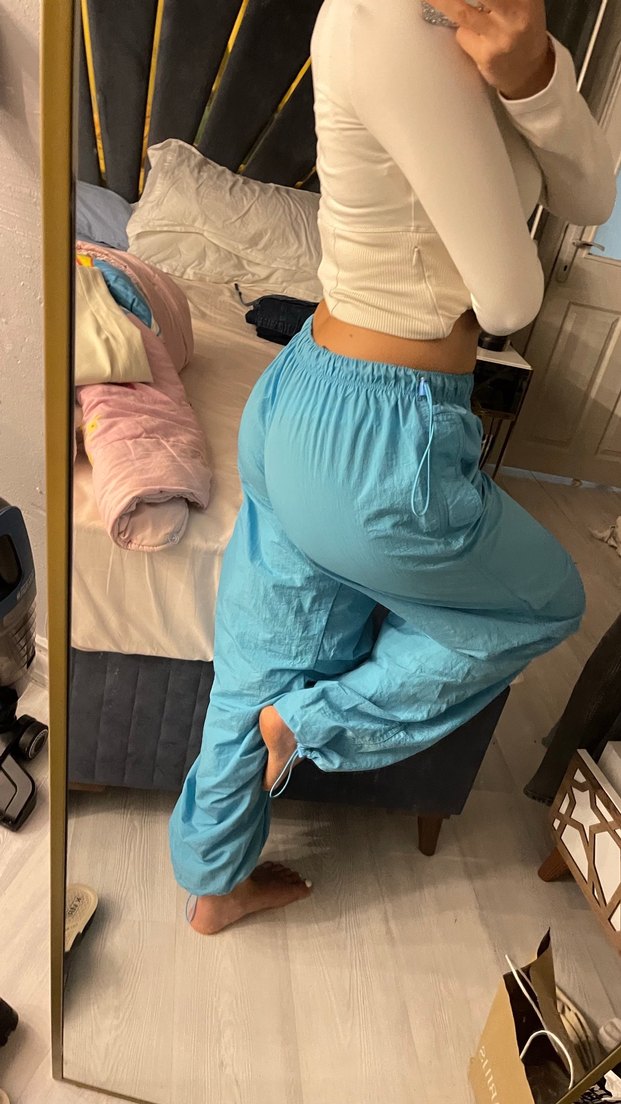 Mavi Bol Kesim Keten Kumaş Kadın Pantolon - Görsel 5