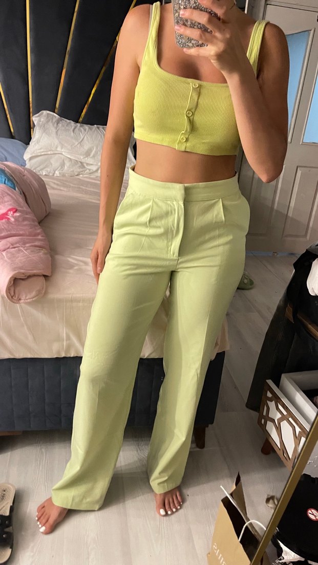 Düğmeli Pastel Yeşil Kadın Kumaş Pantolon - Görsel 5