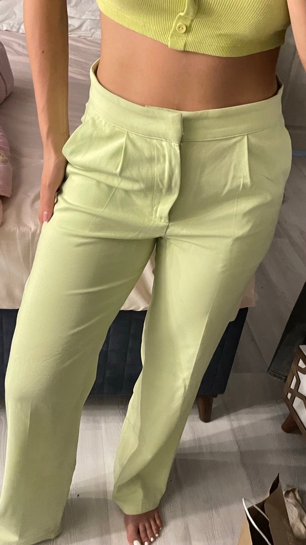 Düğmeli Pastel Yeşil Kadın Kumaş Pantolon - Görsel 4