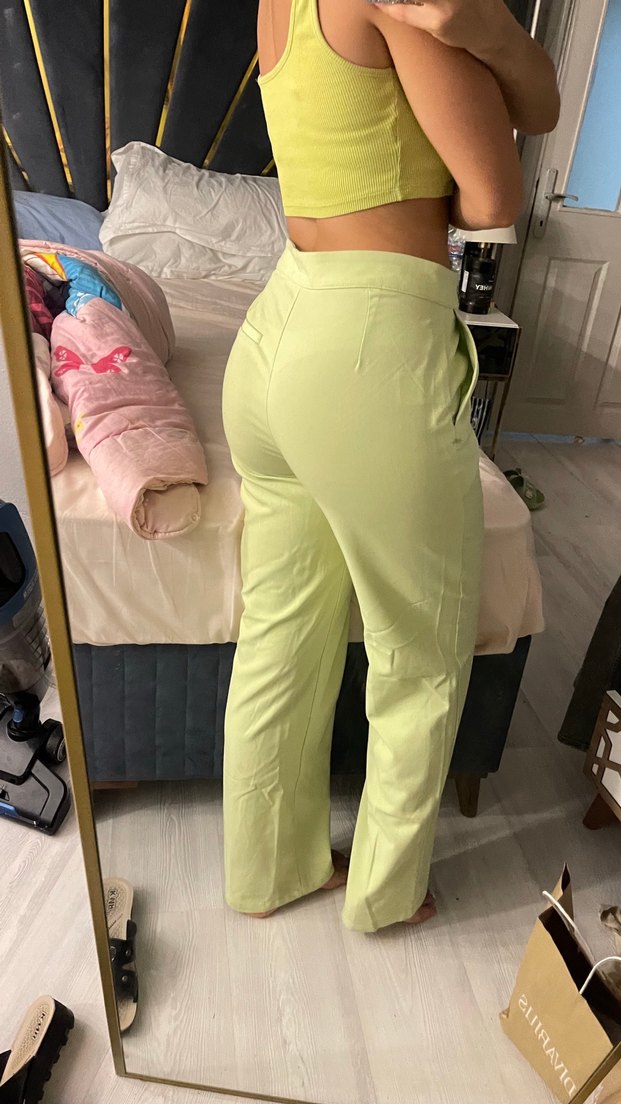 Düğmeli Pastel Yeşil Kadın Kumaş Pantolon - Görsel 3