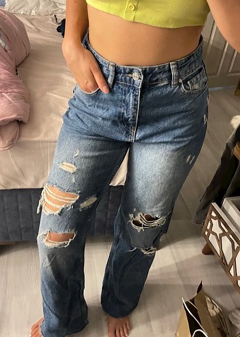 Kadın Mavi Bol Kesim Yırtık Kot Pantolon - Görsel 3